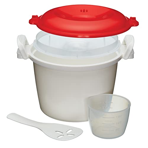 KitchenCraft Reiskocher - Mikrowellen-Dampfgarer, BPA-freier Kunststoff, 1,5 Liter, weiß/rot