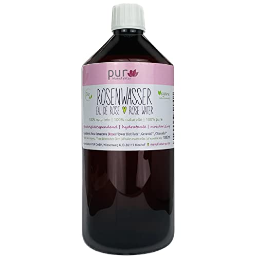pur Manufaktur 1000 ml Bio Rosenwasser 100% naturreines Rosen-Hydrolat