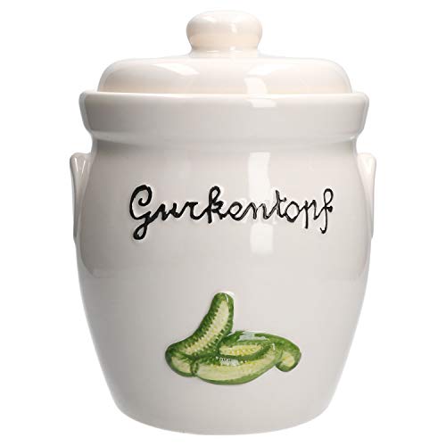 MamboCat Gürki Gurkentopf mit Deckel I Sauerkrauttopf Gärtopf Kimchi I Rumtopf Mehrzwecktopf I weißes Porzellan Gefäß mit Deckel I Vorratsbehälter für Rumtopf Früchte I Porzellan Topf 3 Liter