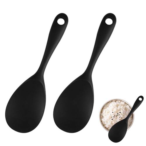 2 Stück Reislöffel Silikon,22,5 x 7 cm Antihaft Reiskocher Löffel,Servierlöffel Silikon mit Loch Zum Aufhängen,Hitzebeständiger Silikone Löffel für Reis,Reiskocher,Kartoffelpüree,Sushi-Reis,Schwarz