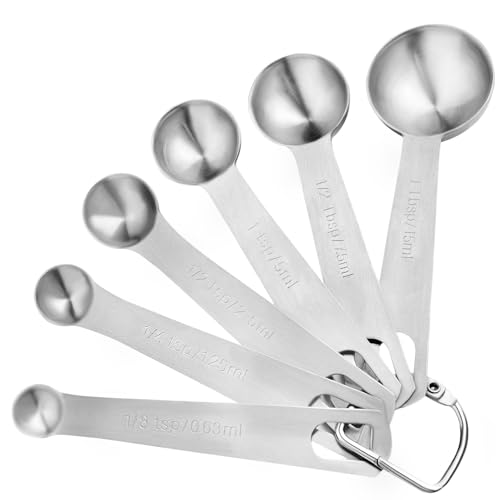 Premium Messlöffel Set Edelstahl 6-teilig, Robuste Dosierlöffel Metall für Trockene & Flüssige Zutaten, 18/8 Edelstahl mit Gravierten US & Metrischen Maßeinheiten, Küchenhelfer zum Kochen & Backen