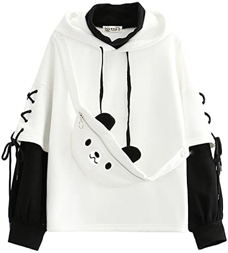 YINGKE Damen Bär Anime Kapuzenpullover Crewneck Sweatshirt Mädchen Japan Kawaii Hoodie Harajuku Pullover Kpop Streetwear (L, Weiß)