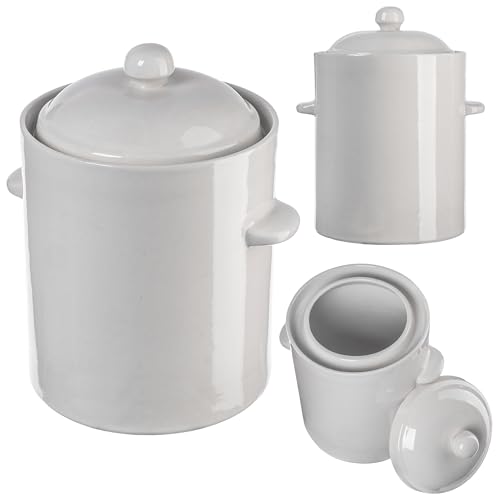 KADAX 5L Steinzeugtopf, Dichter Keramiktopf mit Deckel, Spülmaschinenfester Steinguttopf, handgefertigter Gärtopf aus Keramik, Einlegtopf für Gurken und Sauerkraut (Creme)