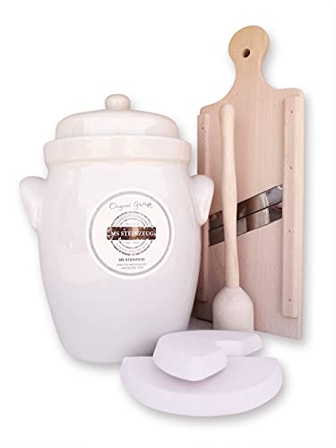 MS-Steinzeug Gärtopf-Set 5 L weiß bauchig Einmachtopf zum Konservieren, Fermentieren | Ideal für Vegetarier & Veganer | Inkl. Beschwerungsstein, Krautschneider, Stampfer, Krautgabel & Rezepte