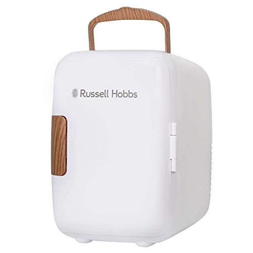 Russell Hobbs RH4CLR1001SCW Mini Tragbarer Kühler und Dosenwärmer für Getränke, Kosmetik, Make-up, Hautpflege, AC/DC Stromversorgung, Scandi-Stil, Weiß & Holz Effekt, für