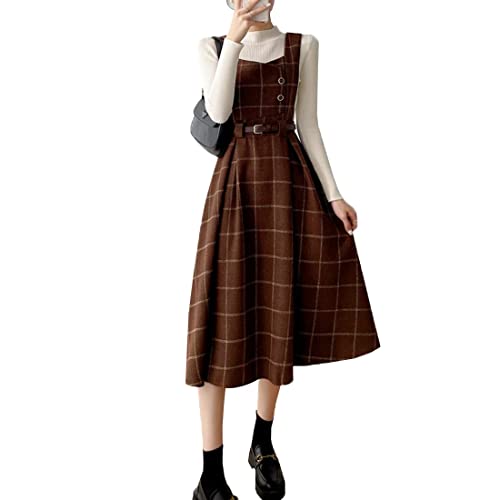 Himifashion Damen Vintage Kleid Japanisches Plaid Kleid Damen Herbst Winter Wolle Träger Midi Kleid, braun, L