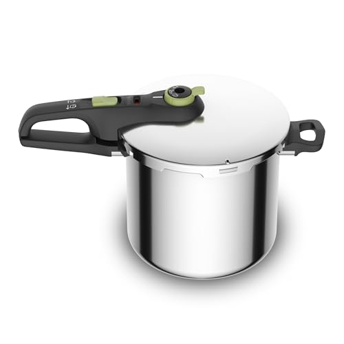 Tefal P2584402 Secure Trendy Schnellkochtopf 8 L mit Korb | 2-Stufen-Garregler: Intensivstufe 117°C, Schonstufe 112°C | Induktions-Kapselboden | für alle Herdarten | Edelstahl/Schwarz/Grün