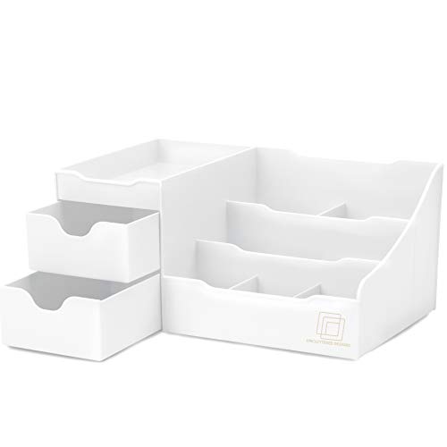 UNCLUTTERED DESIGNS Großer Weißer Schminktisch-Organizer - Kosmetik Aufbewahrung, Schönheit, Haare, Nägel, Parfüm & Hautpflege - Perfekt Bad & Schlafzimmer Schreibtisch Organizer Schubladen