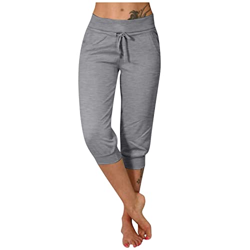 Deals of The Day Lightning Deals Today Prime,Italienische Mode Damenmode Lässig Einfarbig Elastische Taille Kordelzug Spitze Abgeschnittene Hose 80Er Jahre Outfit Damen Weite(4-Grau,3XL)
