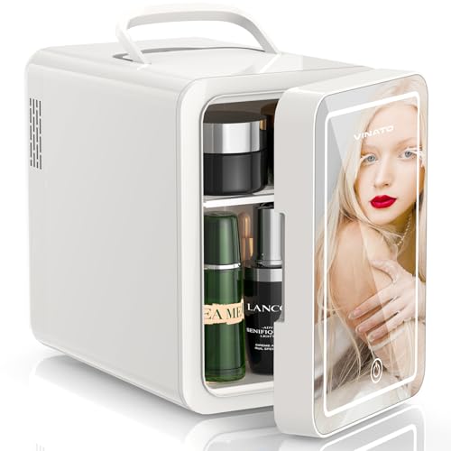 VINATO Mini Kosmetik Kühlschrank, 6L Mini-Kühlschrank mit LED Spiegel, 220 V AC/12 V DC Kleiner Hautpflege Kühlschrank mit Kühl-/Heizfunktion, für Autos Büro Schlafzimmer Schlafsäle
