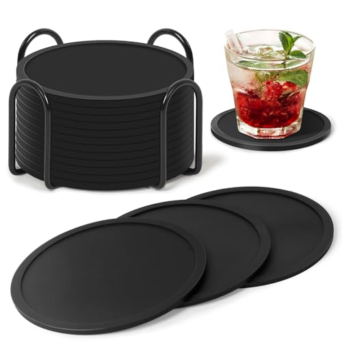 Gotanc Untersetzer Gläser 12er Set, Silikon Glasuntersetzer rutschfest und Isoliert Glas Untersetzer-Set, Rund Glasuntersetzer Schwarz mit Halter, für alle Arten von Tassen