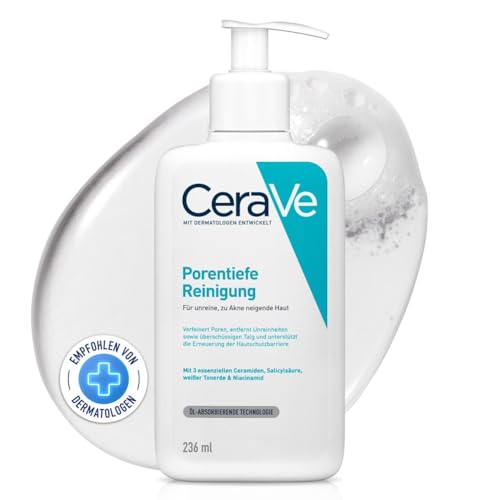 CeraVe Schäumendes Reinigungsgel für das Gesicht, Porentiefe Reinigung bei unreiner und zu Akne neigender Haut, Mit Salicylsäure, weißer Tonerde und Niacinamid, 236 ml [Die Verpackung kann variieren]
