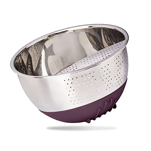 REISHUNGER Reis Waschschüssel und Gemüsesieb aus Edelstahl (aubergine) - Sieb zum Waschen von Reis und Gemüse - Mit rutschfestem Silikonfuß
