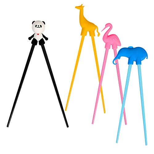 LANMOK 4 Paare Training Essstäbchen, Japanische Geschirr Set Tiere Lernen Stäbchen für Erwachsene Anfänger Kinder Senioren Chopsticks- Panda Flamingo Giraffe Elefant