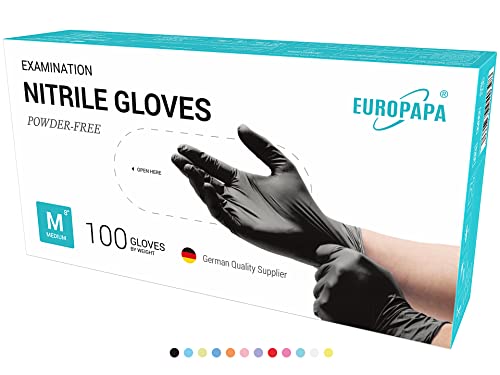 EUROPAPA 100x Nitrilhandschuhe Box Einweghandschuhe, Einmalhandschuhe, Untersuchungshandschuhe, Nitril Handschuhe, puderfrei, ohne Latex, unsteril, latexfrei, disposible gloves (M, Schwarz)