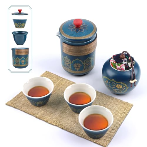 Japanisches Teekanne Set,Tragbar Japanisches Teeservice,Travel Porcelain Tea Set aus Keramik,1 Teekanne (250ml/8.5oz) + 1 Teekanister (180ml/6oz) + 3 Teetassen (46ml/1.6oz),Porzellan Teeservice