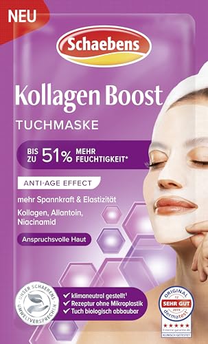 Schaebens Kollagen Boost Tuchmaske, Anti-Age Effect mit Kollagen, Allantoin und Niacinamid für anspruchsvolle Haut.