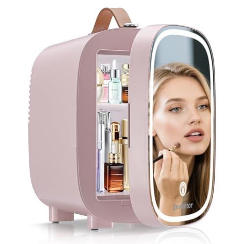 Enventor Mini-Kühlschrank 4L/6 Dosen, Kosmetik Kühlschrank mit Dimmbarem LED-Lichtspiegel, AC+12V DC, Kühler & Wärmer für Schlafzimmer, Zuhause, Auto/Hautpflege und Lebensmittel, Rosa