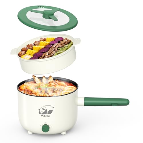 Elektrischer Hot Pot mit Dampfgarer, Multifunktionaler tragbare antihaftbeschichtete Bratpfanne mit Dual-Power-Steuerung,elektrischer Shabu-Shabu-Kocher für,Haferflocken,Nudeln,Ramen, 1,5l (Grün D)