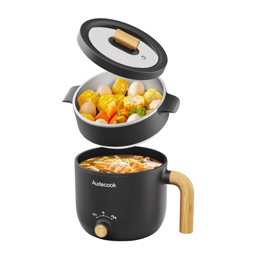 Audecook Elektrische Hot Pot und Dampfgarer, 1.5L Tragbare Mini Antihaft Multikocher, Schneller Ramen Kocher, Travel Electric Bratpfanne mit Duale Leistungssteuerung für Steak/Nudeln/Suppe/Ei/Hafer