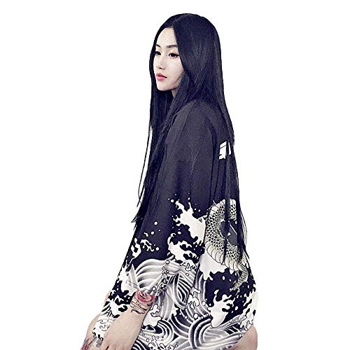 G-LIKE Japanische Kimonos Damen Kleiung - Traditionell Haori Kostüm Robe Tokio Harajuku Drachen Muster Antik Jacke Nachthemd Bademantel Nachtwäsche (Schwarz)