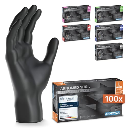 ARNOMED Einweghandschuhe 100 Stück/Box, Schwarze Nitrilhandschuhe L, puderfreie & latexfreie Einmalhandschuhe, Handschuhe in Gr. XS, S, M, L, XL & XXL verfügbar