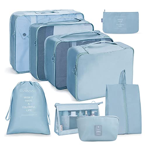 OSDUE Koffer Organizer Set 9-teilig, Packing Cubes, Wasserdichte Reise Kleidertaschen, Packtaschen für koffer, Verpackungswürfel mit Kosmetiktasche, Digitale Tasche, USB Kabel Tasche (Koreanisch Blau)