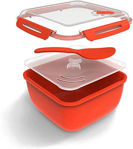 Rotho Memory Microwave Reiskocher 2.5l mit Deckel und Löffel für die Mikrowelle, Kunststoff (PP) BPA-frei, rot/transparent, 2.5l (19.5 x 19.5 x 12.1 cm)