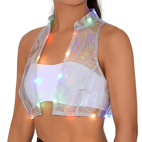 Flovel Damen-LED-Tanktops, Beleuchtetes Weste, Transparente Armellose Oberteil, Rave-Party-Kostüm für Frauen und Mädchen (White, M)