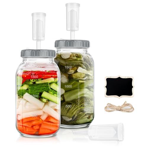 YUEYEE Fermentierglas 2 Stück 2L, Kimchi Behälter mit Luftschleuse, Perfekt für die Gärung für Kimchi, Sauerkraut,Sauerteig Starter, Sauerteigstarter,Kefir Glas mit Deckel