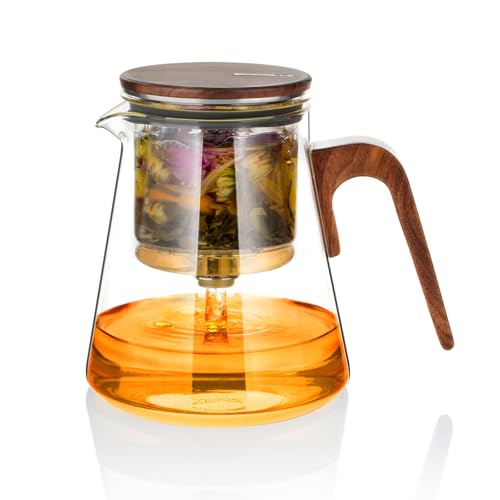 ZENS Magic Teekanne Glas mit Sieb, Teezubereiter für Losen Tee mit Magnet Sauger-Deckel, Tea Maker for Tee Zubereitung, Teapot Griff aus Walnussholz, Teeliebhaber Geschenke