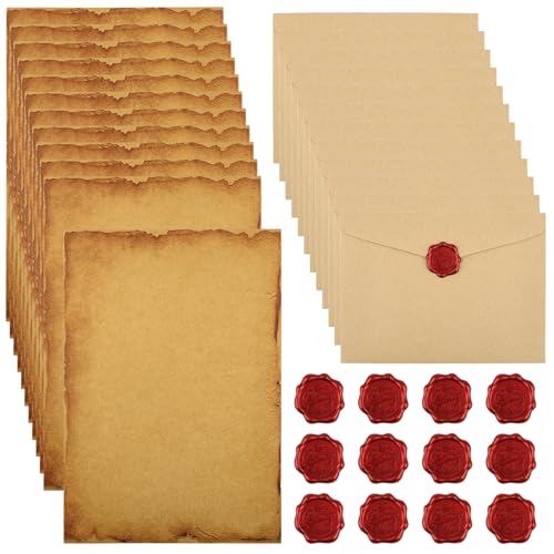 40 Stück Vintage Briefpapier mit Umschlag, Set Vintage Schreiben mit 12 Vintage-papier Briefumschläge, 16 A5 Briefpapier und 12 Wachssiegel-aufkleber, für Liebesbrief, Hochzeit, Geburtstag