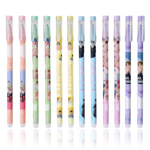 AYVRUOP Stifte Set,Gelstifte Radierbar,12 Stück,6 verschiedene BTS Designs,Radierbare Stifte,Radierbarer kugelschreiber,Perfektes für Kpop Fans,Bangtan Boys Merch,BTS Merch(Schwarz)