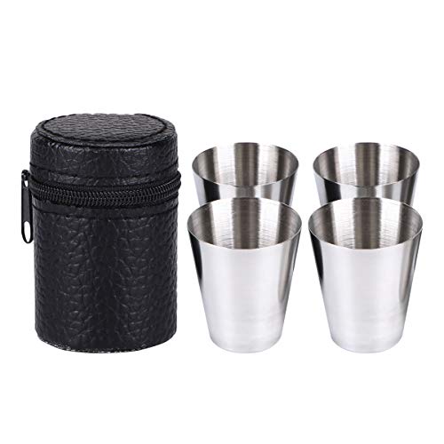 OUNONA 4pcs 30ml Edelstahl-Schalen Wein-Bier-Whisky-Becher Im Freien-Reise-Schalen Schuss-Schalen Trinkgef?? mit schwarzem Leder Tragetasche