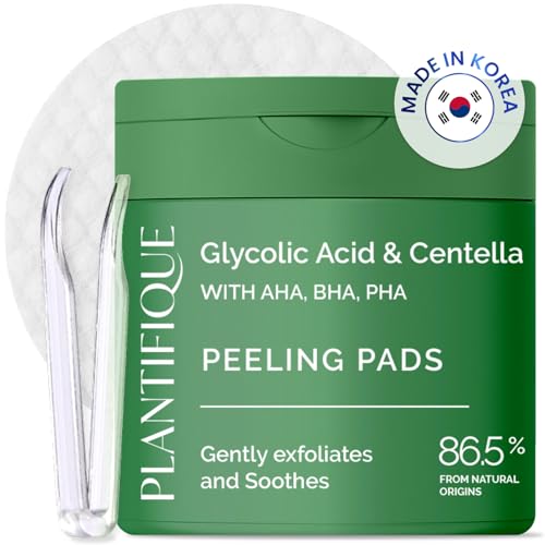 PLANTIFIQUE Korean Peeling Pads 60 Stück, mit Glycolsäure, Niacinamid, CICA, AHA, BHA, PHA für Gesichtspeeling und zur sanfte Hauterneuerung - Toner Pads für alle Hauttypen - Nachfüllbarer Behälter