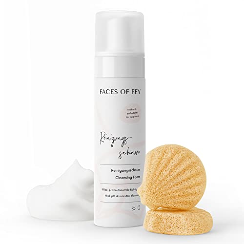Cleanser Set zur Gesichtsreinigung für reife Haut & erste Fältchen - FACES OF FEY Milder Reinigungsschaum fürs Gesicht (200 ml) & Bio Konjac Schwamm mit gelbem Ingwer (2 Stück)