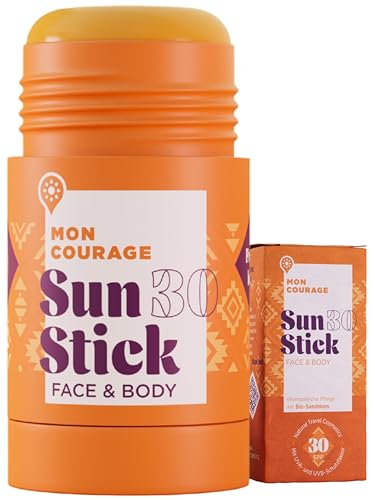 MON COURAGE Sun Stick LSF30+ [DERMATOLOGISCH GETESTET] Wasserabweisende Sonnencreme mit UVA/UVB Schutz - Unsichtbarer Sunscreen Stick - Natürliche Sonnencreme mit pflanzlichen Wirkstoffen
