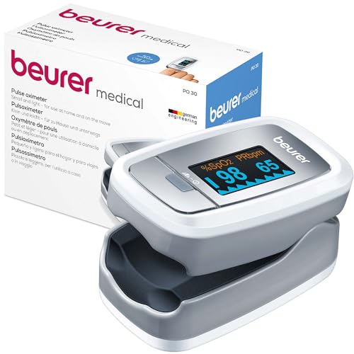 Beurer PO 30 Pulsoximeter, Messung von Sauerstoffsättigung (SpO₂) und Herzfrequenz (Puls), Fingeroximeter mit Farbdisplay, schmerzfreie Anwendung am Finger, 6,1 x 3,6 x 3,2 cm, weiß