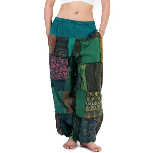 Orientalische Jeans Haremshose Aladinhose Chillerhose Patchwork Thai Hippie Hose Spirit of Buddha (Einheitsgröße, Grün)