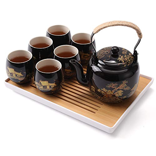 Dujust Japanisches Teeservice, Schwarzes Porzellan Teeservice mit 1 Teekanne, 6 Teetassen, 1 Teetablett, 1 Siebeinsatz, Schönes Asiatische Teekanne Set für Teeliebhaber (Landschaft in Gold)