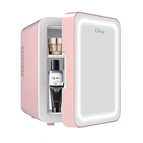 Olvy Kosmetik Kühlschrank 4 Liter, Tragbarer Mini Kühlschrank mit LED Spiegel, Klein Skincare Fridge, Kühl und Heiß für Zimmer, Rosa
