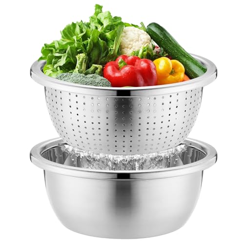 Edelstahl Seiher und Schüsselset, Sieb Reis Waschschüssel Abtropfgestell mit Schüssel Edelstahl Sieb Rührschüssel Set Stapelbares Abtropfsieb aus Stahl (26 cm)