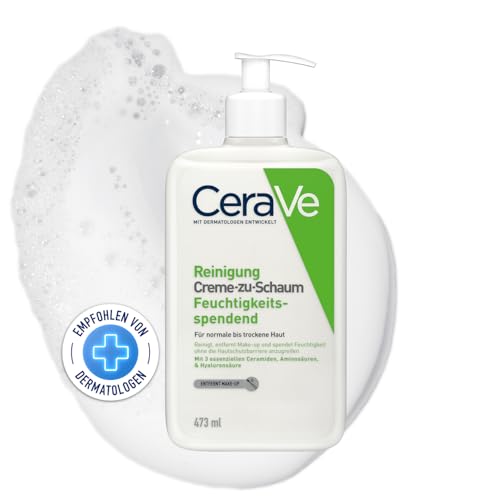 CeraVe Creme-zu-Schaum Reinigung, Feuchtigkeitsspendende Reinigungscreme, Für normale bis trockene Haut, Entfernt Schmutz und Make-up, Mit Hyaluron und Ceramiden, 473 ml