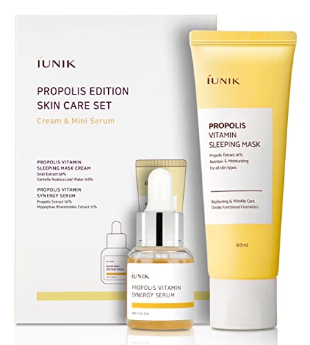 IUNIK SET Propolis Edition Skincare Set | Kosmetikset (iUNIK Propolis Vitamin Sleeping Mask 60ml - Nachtfeuchtigkeitsspendende Maske mit Propolis + Revitalisierend-pflegendes Gesichtserum 15 ml)