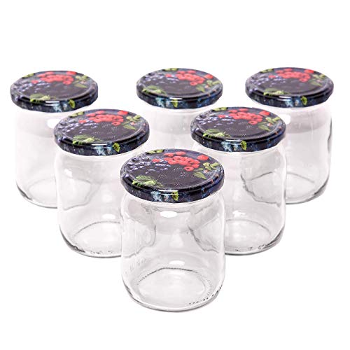SHD Handels GmbH 6x 540 ml Einmachgläser mit Schraubverschluss inkl. Deckel – Set aus 6 Konservengläsern mit Schraubdeckel mit Fruchtmotiv zum Einwecken von Marmelade, Gurke, Gemüse, usw.
