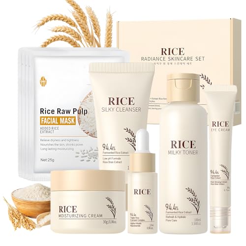 9 Stück Reis Korean Skincare Set, Gesichtspflege Set Ddamen, Skincare Set Korea mit Cleanser, Face Mask, Rice Toner, Face Cream, Eye Cream, Serum Gesicht