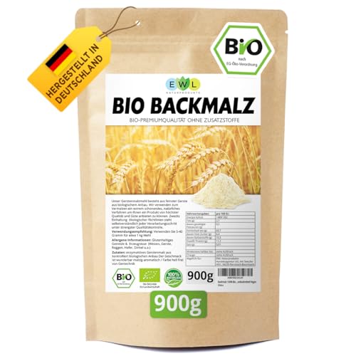 EWL Naturprodukte Backmalz Bio Malz, 100% deutsche Gerste Gerstenmalz, Backmalz für Brot und Brötchen, ballaststoffreicher Mehlzusatz, Gerstenbackmalz Brötchenbackmittel Vegan 900g