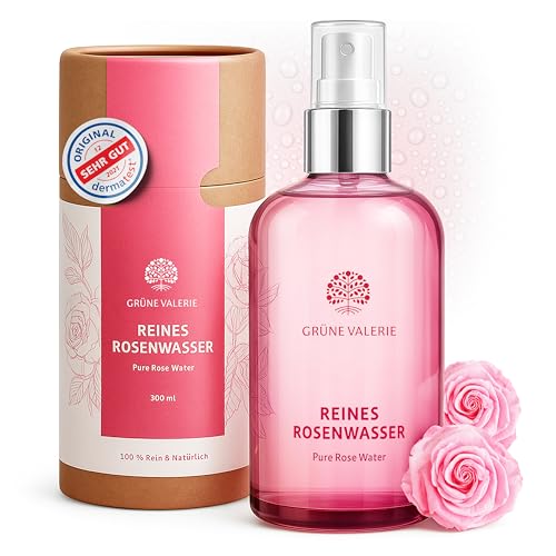 GRÜNE VALERIE® Rosenwasser Spray - XXL 300 ML - für eine reine Haut - Gesichtswasser ohne Alkohol - mit echten Rosenblüten - bei unreiner Haut & Pickel - Damaskus Rosen - DERMATEST:'Exzellent'