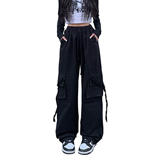 Linsennia Y2k Cargohose Damen Baggy Parachute Pants Teenager Mädchen Weite High Waist Streetwear (Black,S)