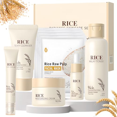 Reis Korean Skincare Set, Gesichtspflege Set Damen, Skincare Set Korea mit Cleanser, Face Mask, Rice Toner, Face Cream, Eye Cream, Serum Gesicht, 9 Stück